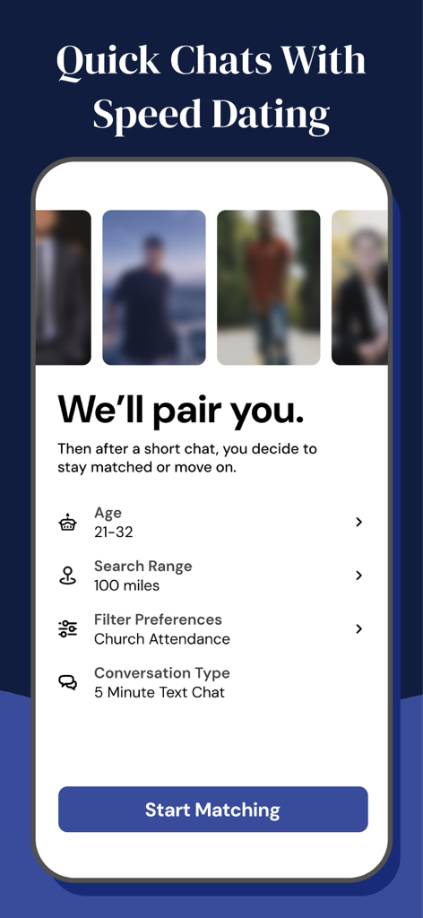 Interface de speed dating de l'application de rencontre chrétienne Ark avec des préférences de chat.
