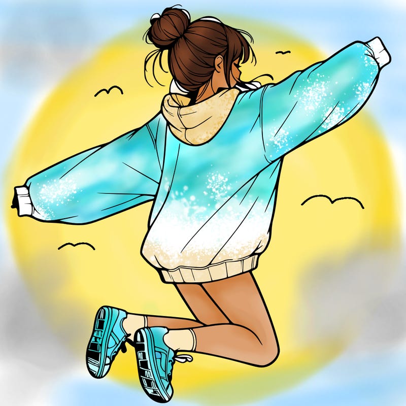 realistic girl jumping with a bun and oversized sweatshirt