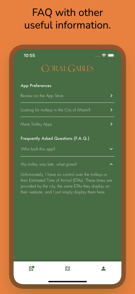 Tela de Perguntas Frequentes e preferências do aplicativo Coral Gables Trolley Tracker
