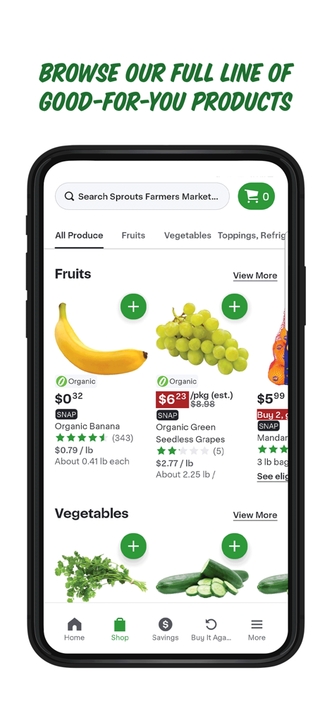 Sprouts Farmers Market - Sprouts 앱 인터페이스에 가격이 표시된 유기농 바나나, 포도, 채소가 표시됩니다.