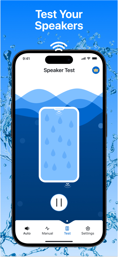 Speaker test interface in the Water Eject app showing a phone graphic with water drops