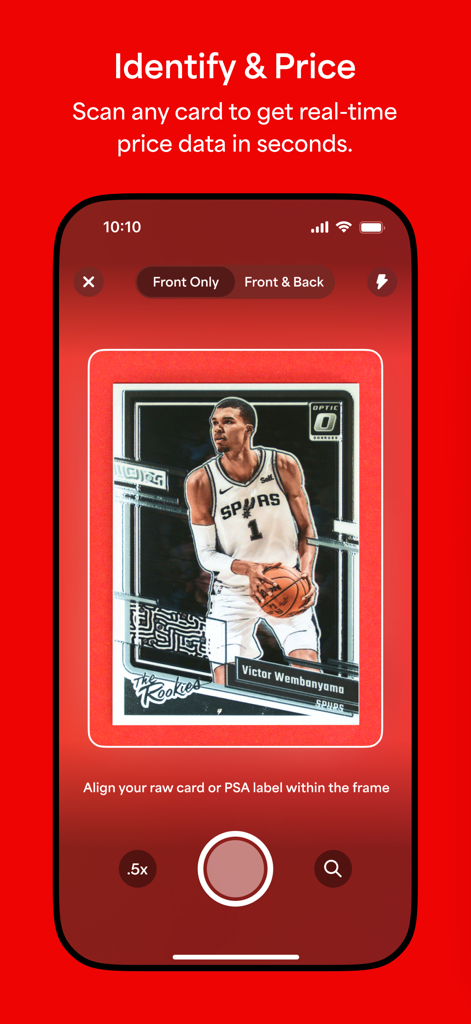 PSA app interface showing a Victor Wembanyama basketball card being scanned to identify and price it in real-time.