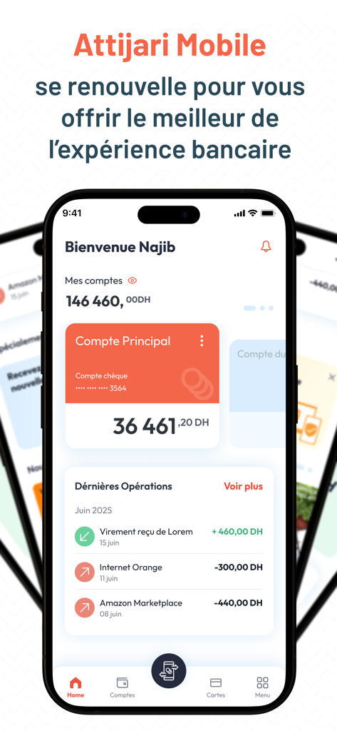 Attijari Mobile - L'écran d'accueil de l'application bancaire mobile Attijari affiche les soldes des comptes et les transactions récentes en dirhams marocains.