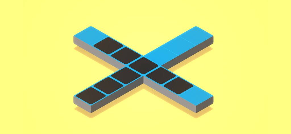 Puzle isométrico minimalista con baldosas azules y negras que se cruzan en Klocki