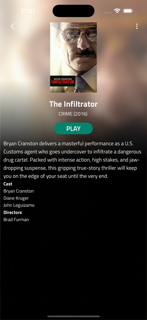 Movies +: Movies & TV Shows - Pantalla de detalles de la película The Infiltrator en la aplicación Movies Plus que muestra el botón de reproducción y la información del elenco