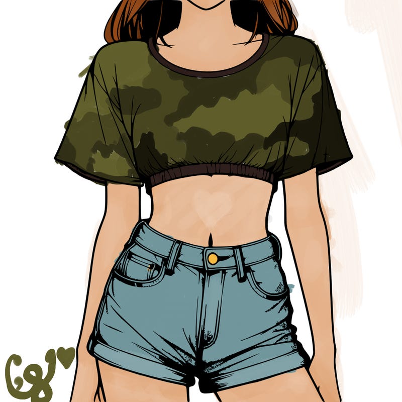 relistic girl with a cropped t shirt and jean shorts