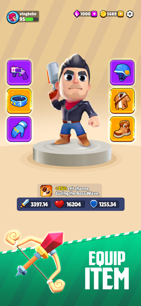 Cannon Heroes X - A hero character customization screen in Cannon Heroes X showing equipment slots and battle stats
