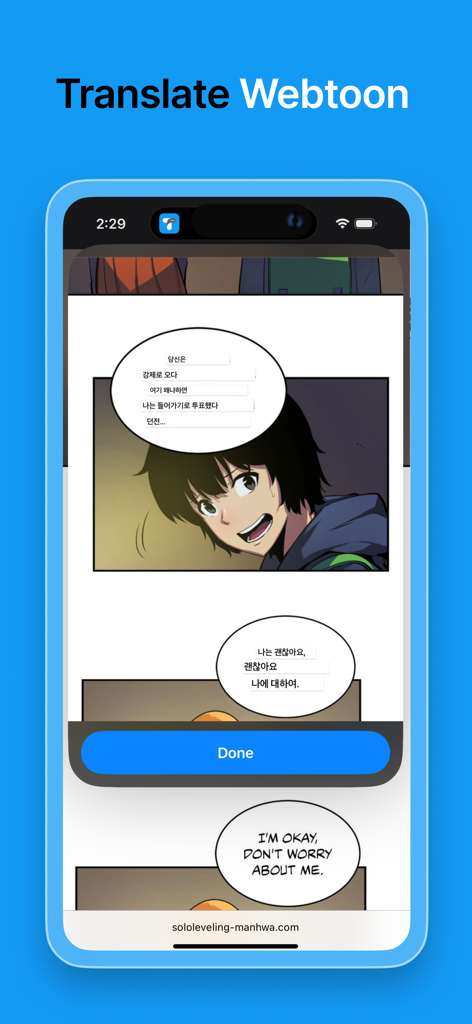 TransMate - Screen Translator - TransMate 화면 번역기가 한국 웹툰 만화를 실시간 번역하는 모습