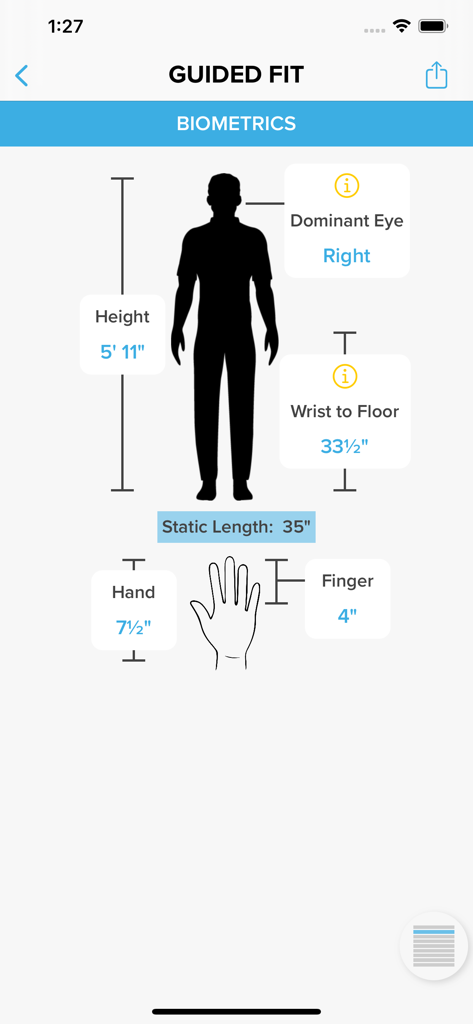 iping app biometrics screen showing golfer body and hand measurements for a guided fit