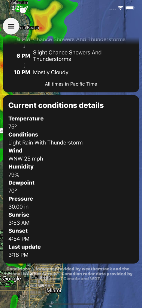 StormWatch Plus app showing current weather conditions including temperature wind speed and humidity over a radar map