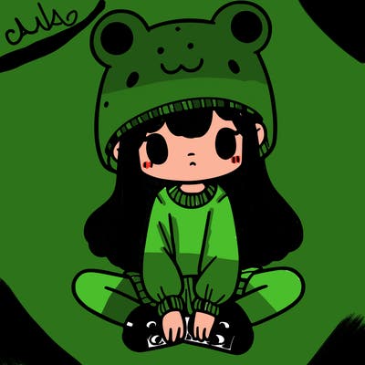 a girl wearing a frog hat and some frog socks