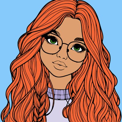 girl with long hair and freckles and glasses realistic