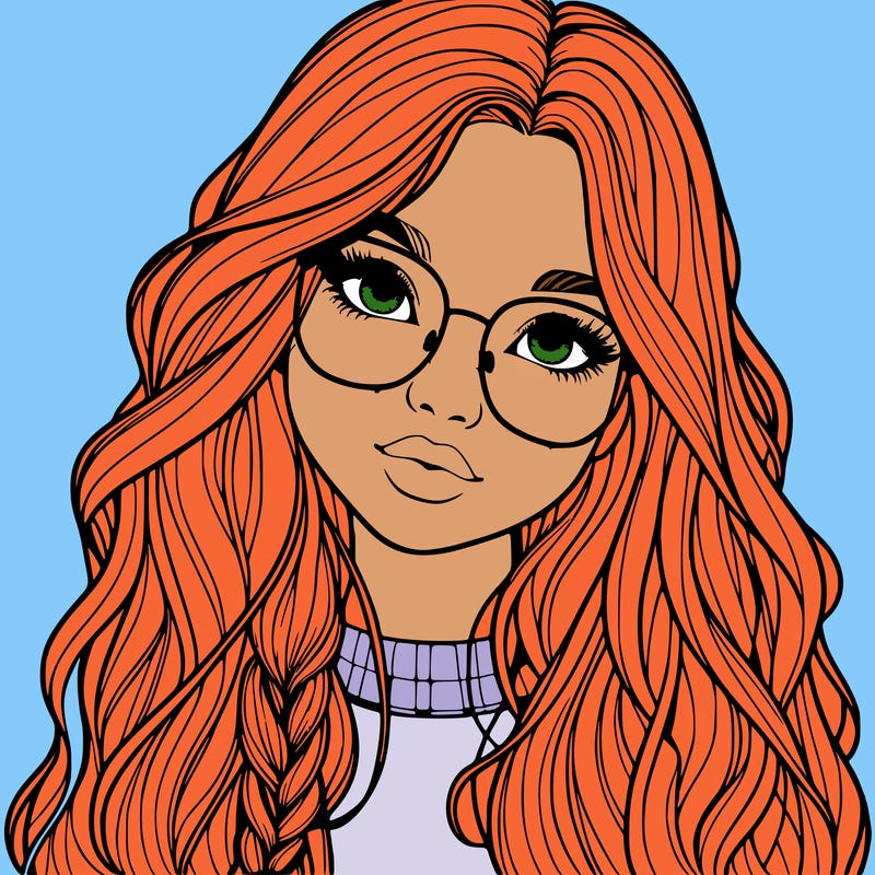 girl with long hair and freckles and glasses realistic