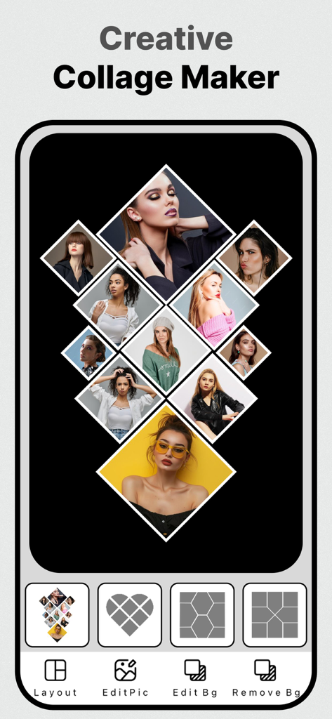 Creative photo collage maker interface with diamond layout