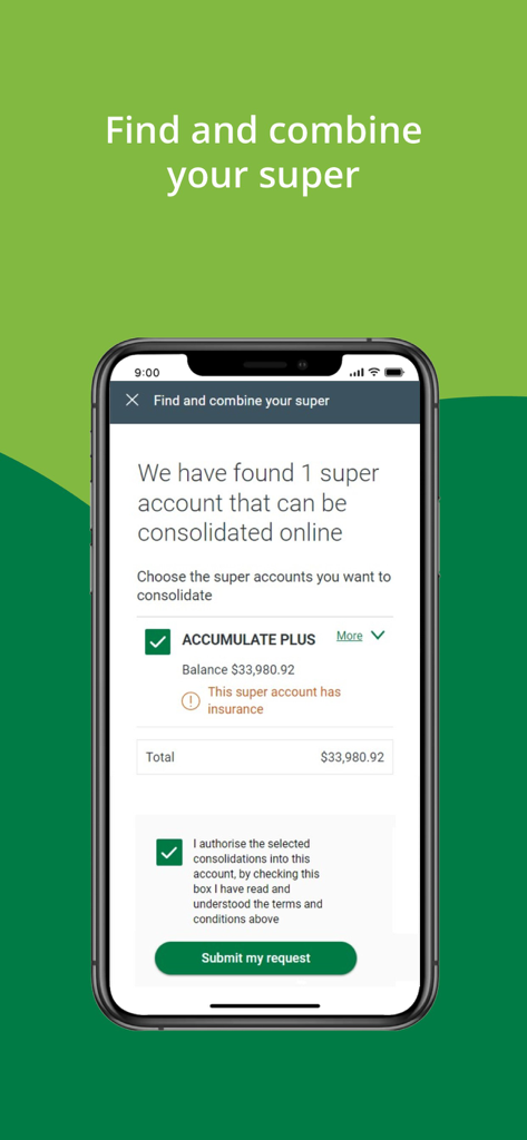 IOOF app screen showing the feature to find and consolidate superannuation accounts