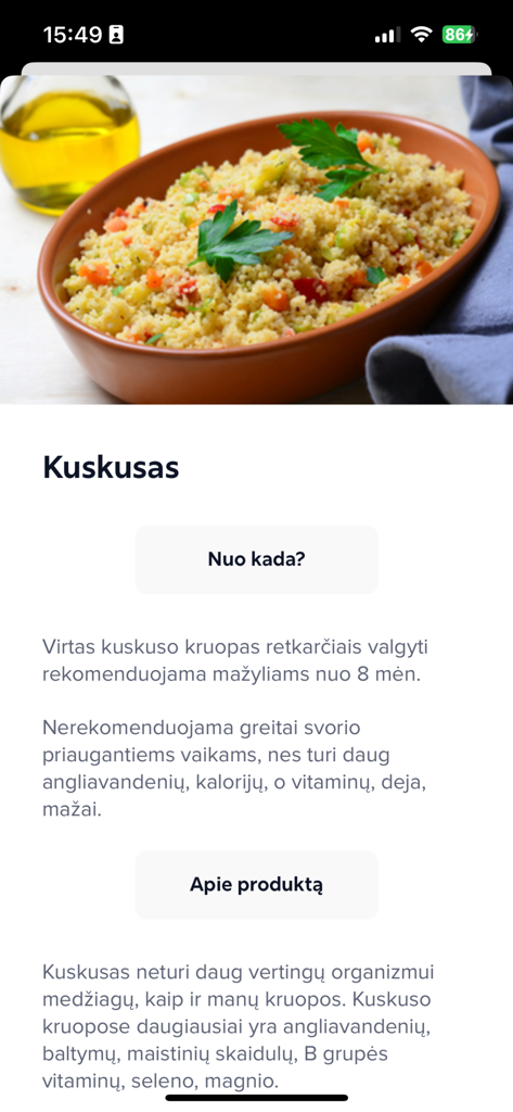 Laimingas Pilvukas 아기 이유식 앱에서 쿠스쿠스에 대한 영양 정보 및 수유 권장 사항