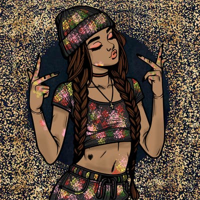 realistic teenage girl with braids and a beanie and crop top doing 🫶🏼