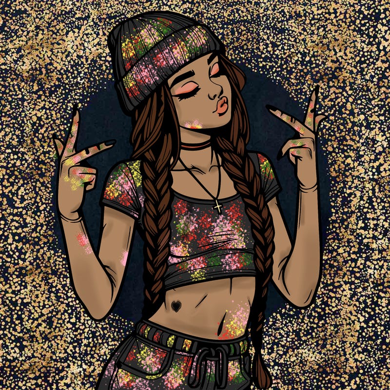 realistic teenage girl with braids and a beanie and crop top doing 🫶🏼