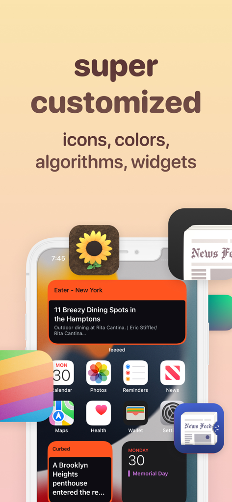 Customizable news widgets and app icons on an iPhone home screen for the feeeed app