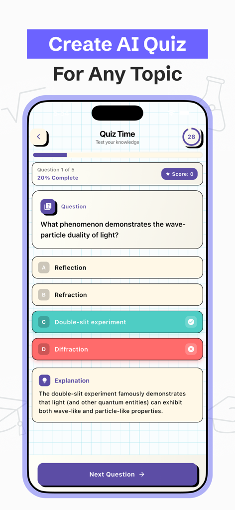 Feynman AI Notes Taker app interface showing an AI generated quiz with a multiple choice question and explanation