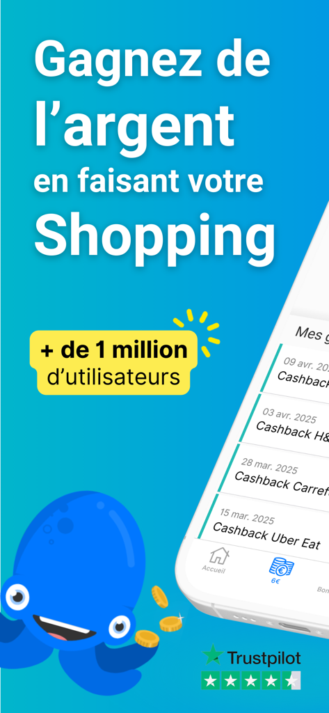 Poulpeo Cashback & Code promo - Interface da aplicação Poulpeo mostrando recompensas de cashback de retalhistas como Uber Eat e Carrefour com um mascote de polvo azul e uma classificação Trustpilot de cinco estrelas