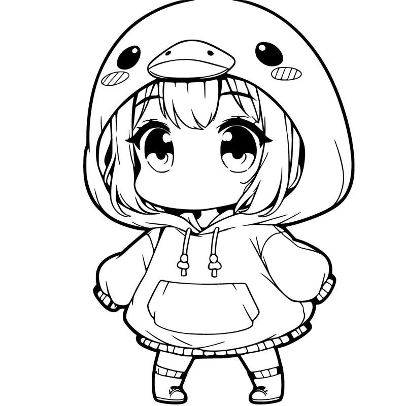 a chibi anime little girl in a oversized duck hoodie