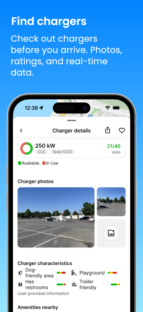 Interface of the ABRP app showing electric vehicle charging station details and available amenities