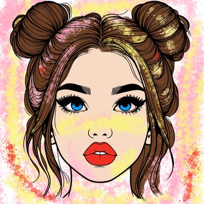 realistic girl with two buns on her hair and lips