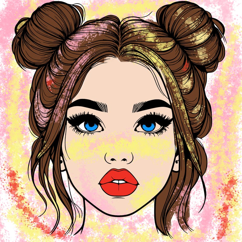 realistic girl with two buns on her hair and lips