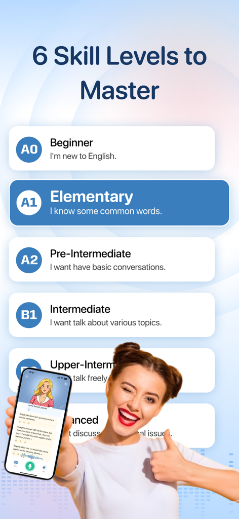 A screen showing 6 English skill levels from beginner to advanced in the Lingo AI app with a user holding a phone.