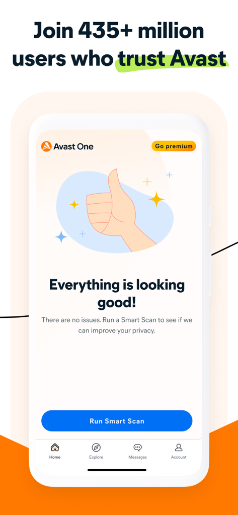 Dashboard dell'app mobile Avast One che mostra lo stato della sicurezza e l'opzione di scansione intelligente