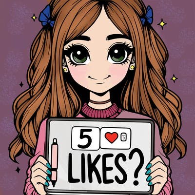 a realistic girl holding a sign that says "5 likes?"