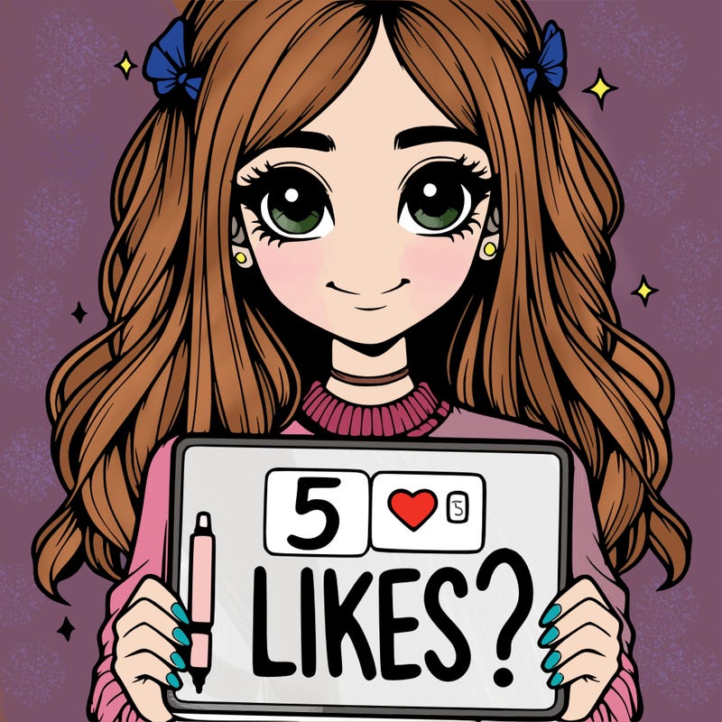 a realistic girl holding a sign that says "5 likes?"