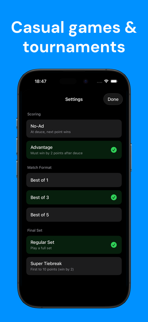テニススコアボードアプリの設定画面。スコアリングと試合形式のオプションが表示されています。