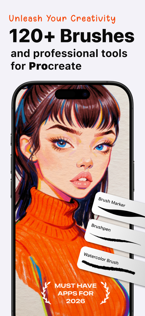 Brushes for Procreate & Tools - Procreateアプリ用のデジタルアートブラシ、ポートレートイラストとブラシストロークサンプルを表示