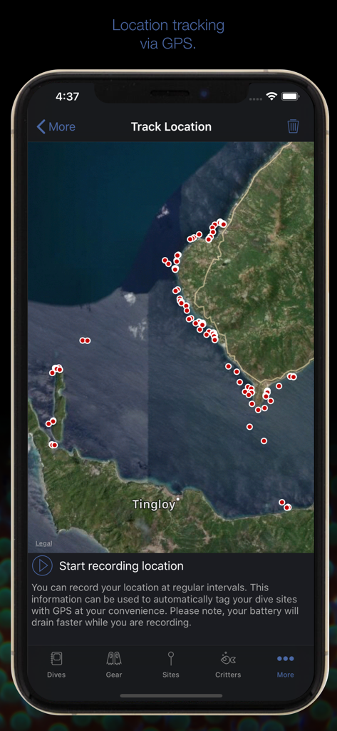MacDive app screenshot showing a map interface with GPS tracked dive site locations along a coastline