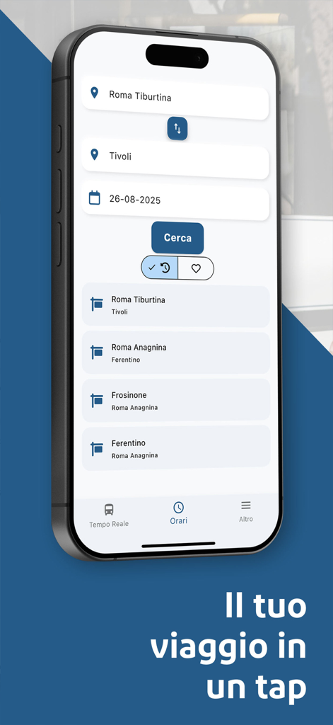 Bus Lazio - Orari Cotral - Interfaz de la aplicación móvil Bus Lazio que muestra una pantalla de búsqueda de horarios de autobuses Cotral con una ruta de Roma Tiburtina a Tivoli.