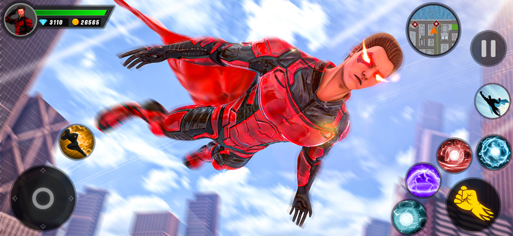 GT Gangster Monster Survival - Ein roter Superheld fliegt mit leuchtenden Augen und Aktionsspiel-Oberflächensymbolen über eine Stadt.