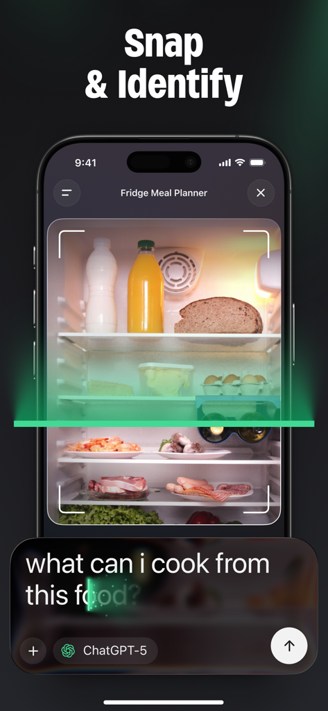 ChatGO - ChatBot AI - Aplicación ChatGO AI escaneando el contenido de un refrigerador para proporcionar sugerencias de comidas basadas en los ingredientes identificados