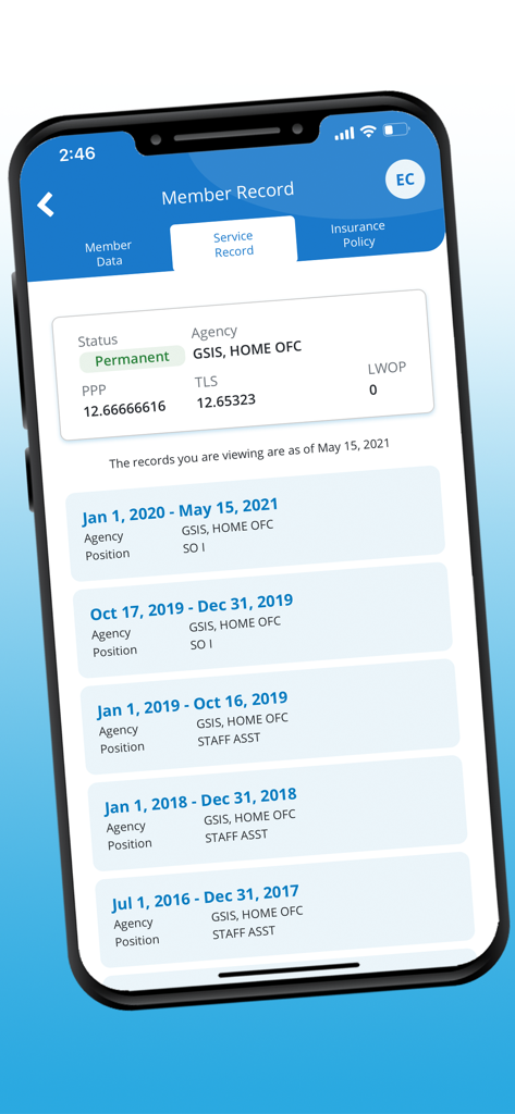 GSIS Touch - Pantalla de la aplicación móvil GSIS Touch que muestra un registro de servicio del miembro con fechas de empleo históricas y puestos.