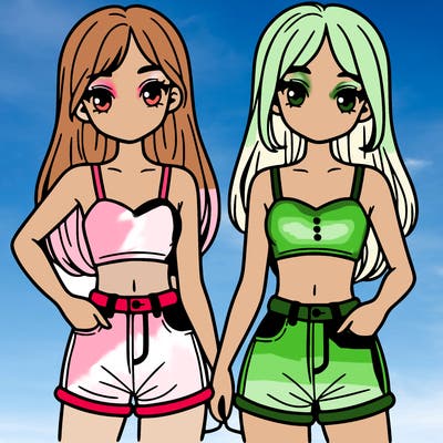 two sisters with crop tops and jean shorts and straight hair