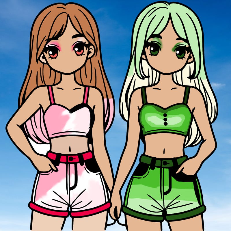 two sisters with crop tops and jean shorts and straight hair