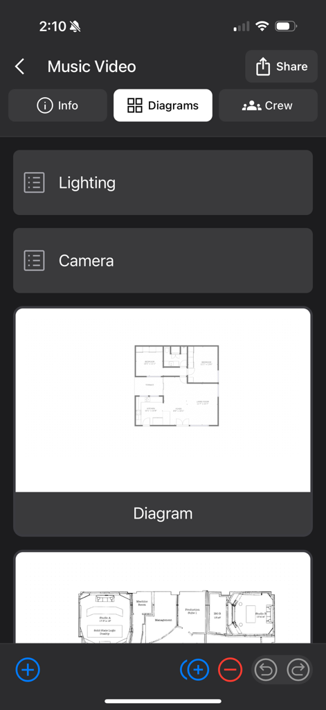 Scenario mobile - Scenario mobile app interface showing music video project diagrams and floor plans