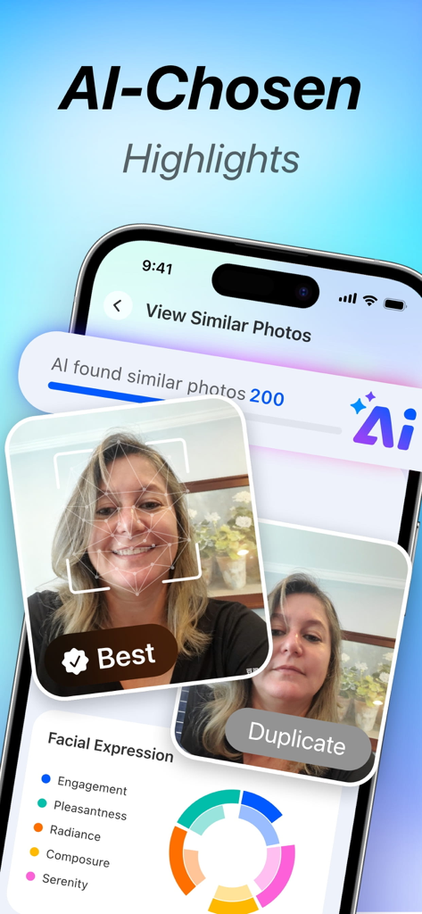 Storage Cleaner: Clean Mate - Interface of Storage Cleaner app showing AI technology identifying the best version of similar photos and analyzing facial expressions