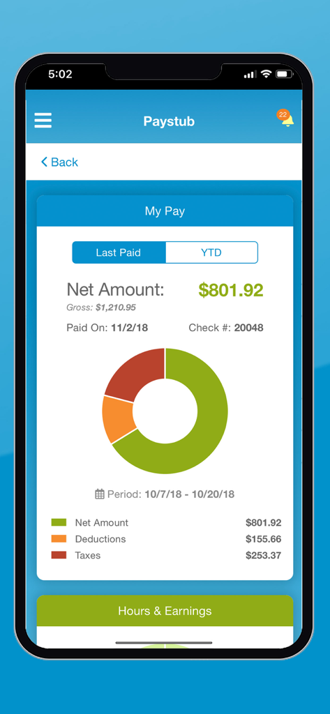 SmartLinx Go mobile app screen displaying a paystub with net pay amount and a breakdown chart for deductions and taxes.
