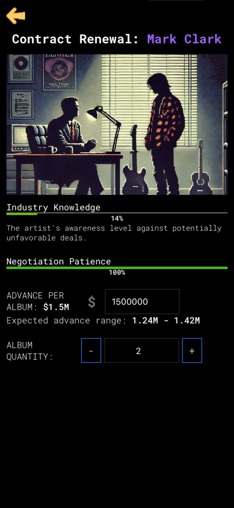 CD Market - Music Label Sim - Music label simulation game contract renewal screen with artist negotiation stats