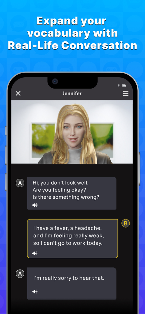 Speak English with Talkful AI - Talkful AI app interface featuring a real-life English conversation practice session with an AI tutor.