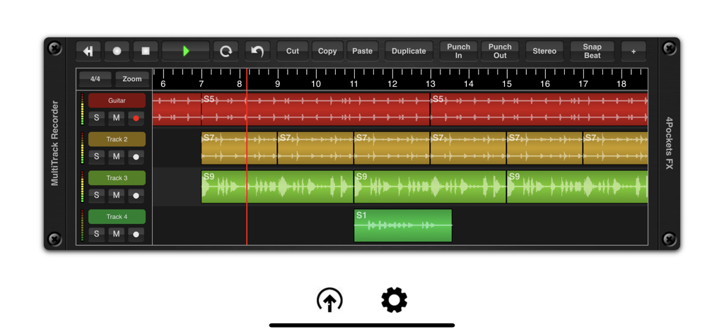 A multi-track audio recording interface showing various tracks with waveforms and editing tools