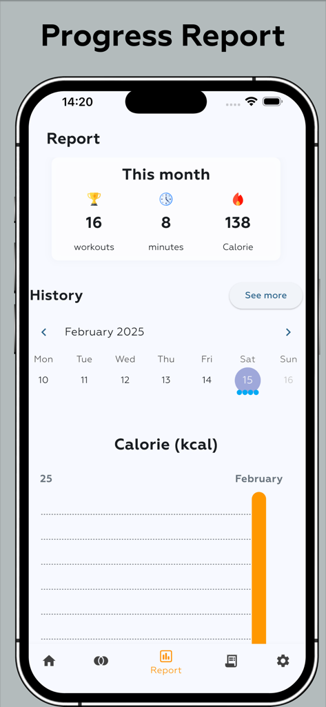 Home Workout - Fit At Home - Rapport d'avancement de l'application Home Workout montrant les statistiques mensuelles et l'historique du suivi des calories.