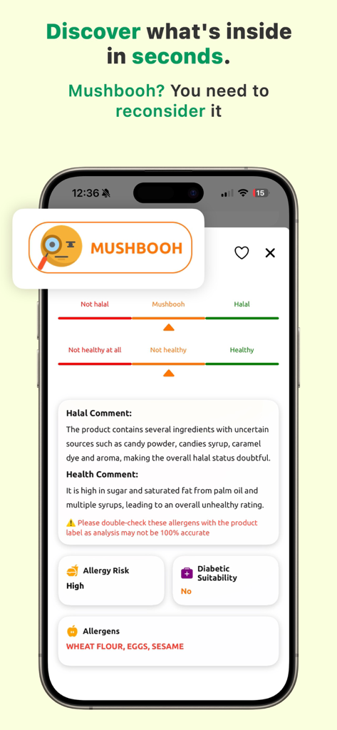 Halal Scanner AI Food Analyze - Mobile App-Bildschirm, der einen Mushbooh-Status für einen Lebensmittelartikel mit detaillierter Halal- und Gesundheitsanalyse einschließlich Allergenwarnungen anzeigt